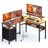 L-vormig bureau met ingebouwde stopcontacten en monitorstandaard – vooraanzicht – beige