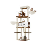 Moderne kattenboom met huisje en meerdere ligplekken – vooraanzicht – beige