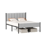 Eenpersoonsbedframe met zacht hoofdbord en stevig metalen frame – vooraanzicht – grijs breed