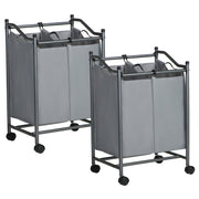 Wasmand 3 vakken, set van 2, wasverzamelaar op wielen, wassorteerder, wassorteersysteem, waswagen met handvatten, waszak, uitneembare stoffen zakken, grijs LSF003GS02