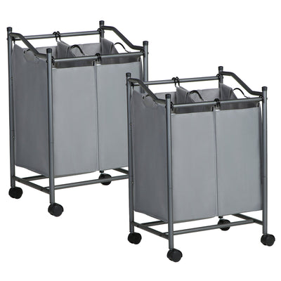 Wasmand 3 vakken, set van 2, wasverzamelaar op wielen, wassorteerder, wassorteersysteem, waswagen met handvatten, waszak, uitneembare stoffen zakken, grijs LSF003GS02