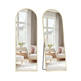 Staande passpiegel met gebogen design en aluminium frame – totaaloverzicht – zilver smal