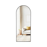 Staande passpiegel met gebogen design en aluminium frame – vooraanzicht – zwart ovaal