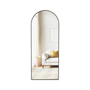 Staande passpiegel met gebogen design en aluminium frame – vooraanzicht – zwart ovaal