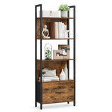 Hoekboekenkast met lade en stalen frame – vooraanzicht – breed