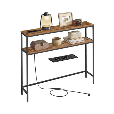 Smalle consoletafel met planken voor hal en woonkamer – vooraanzicht – donkerhout breed