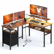L-vormig bureau met ingebouwde stopcontacten en monitorstandaard – vooraanzicht – beige