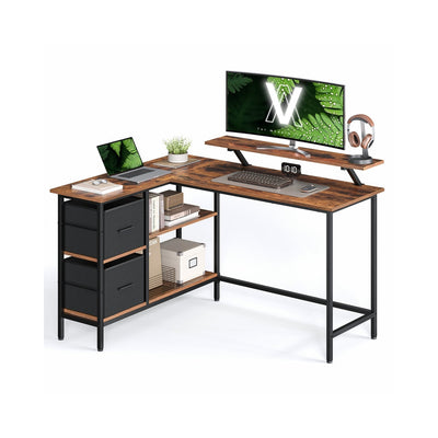 L-vormig bureau met lades en verstelbare plank – vooraanzicht – zwart