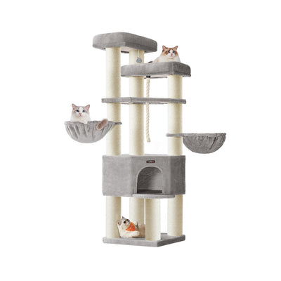 Grote kattenboom met stevige sisal palen en ligplaatsen – vooraanzicht – grijs variant 1