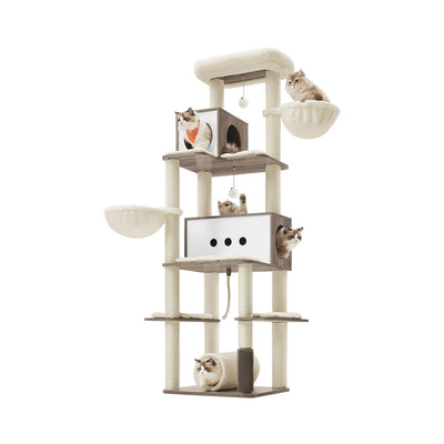 Moderne kattenboom met huisje en meerdere ligplekken – vooraanzicht – grijs