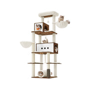 Moderne kattenboom met huisje en meerdere ligplekken – vooraanzicht – beige