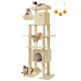 Grote kattenkrabpaal met meerdere verdiepingen en ligplekken – vooraanzicht – beige