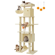 Grote kattenkrabpaal met meerdere verdiepingen en ligplekken – vooraanzicht – beige