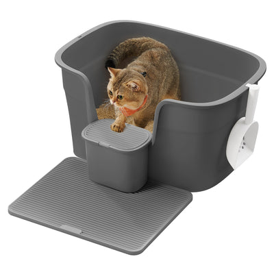 Kattenbak met hoge randen en handige opbergruimte – vooraanzicht – grijs