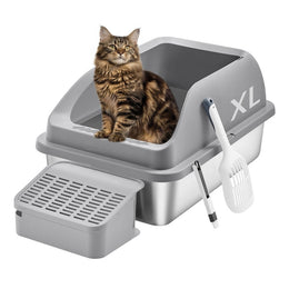 Roestvrijstalen kattenbak met hoge randen en accessoires – vooraanzicht – groen
