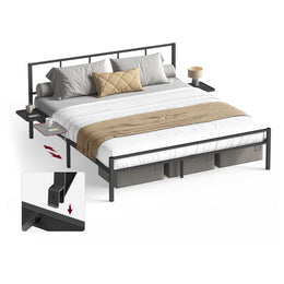 Tweepersoons metalen bedframe met hoofdbord en praktische opbergplanken – vooraanzicht