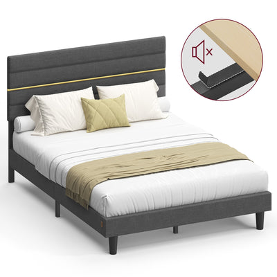 Tweepersoonsbed met verstelbaar hoofdbord en stevig metalen frame – vooraanzicht – grijs smal