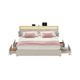 Gestoffeerd tweepersoonsbed met lades en verstelbaar hoofdbord – vooraanzicht – beige breed