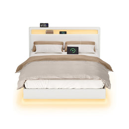Tweepersoonsbedframe met zwevend effect en ledverlichting – vooraanzicht – wit smal