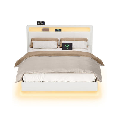 Tweepersoonsbedframe met zwevend effect en ledverlichting – vooraanzicht – wit smal