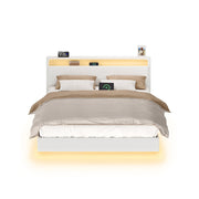 Tweepersoonsbedframe met zwevend effect en ledverlichting – vooraanzicht – wit breed