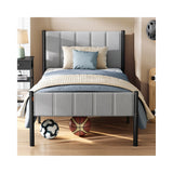 Eenpersoonsbedframe met zacht hoofdbord en stevig metalen frame – vooraanzicht – grijs smal