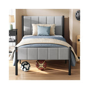 Eenpersoonsbedframe met zacht hoofdbord en stevig metalen frame – vooraanzicht – grijs smal