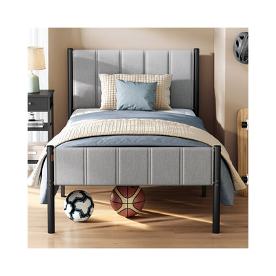 Eenpersoonsbedframe met zacht hoofdbord en stevig metalen frame – vooraanzicht – grijs smal