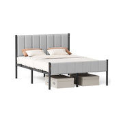 Eenpersoonsbedframe met zacht hoofdbord en stevig metalen frame – vooraanzicht – grijs breed
