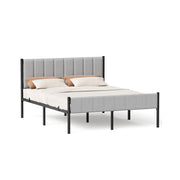 Eenpersoonsbedframe met zacht hoofdbord en stevig metalen frame – vooraanzicht – grijs medium